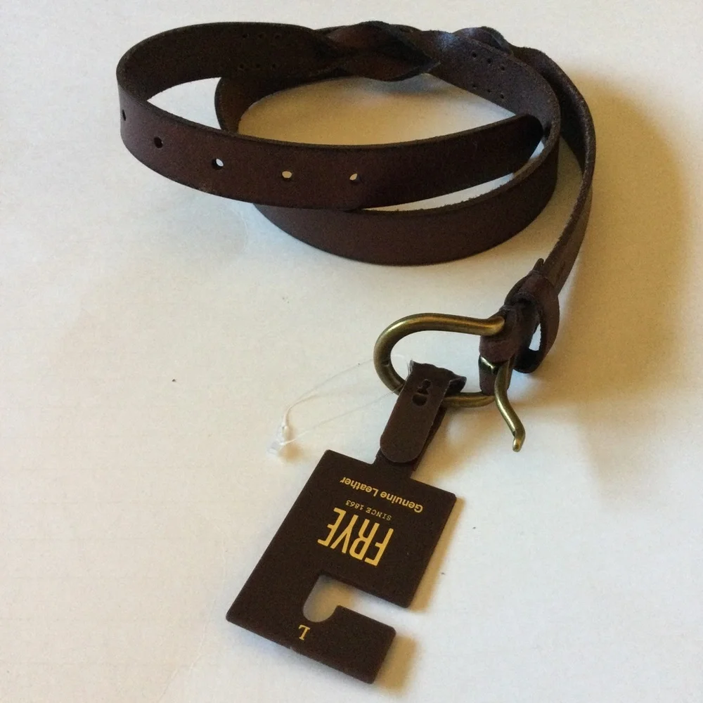 FRYE TWISTED STUD LEATHER BELT BROWN WITH BRASS D RING BUCKLE SIZE LARGE NWT